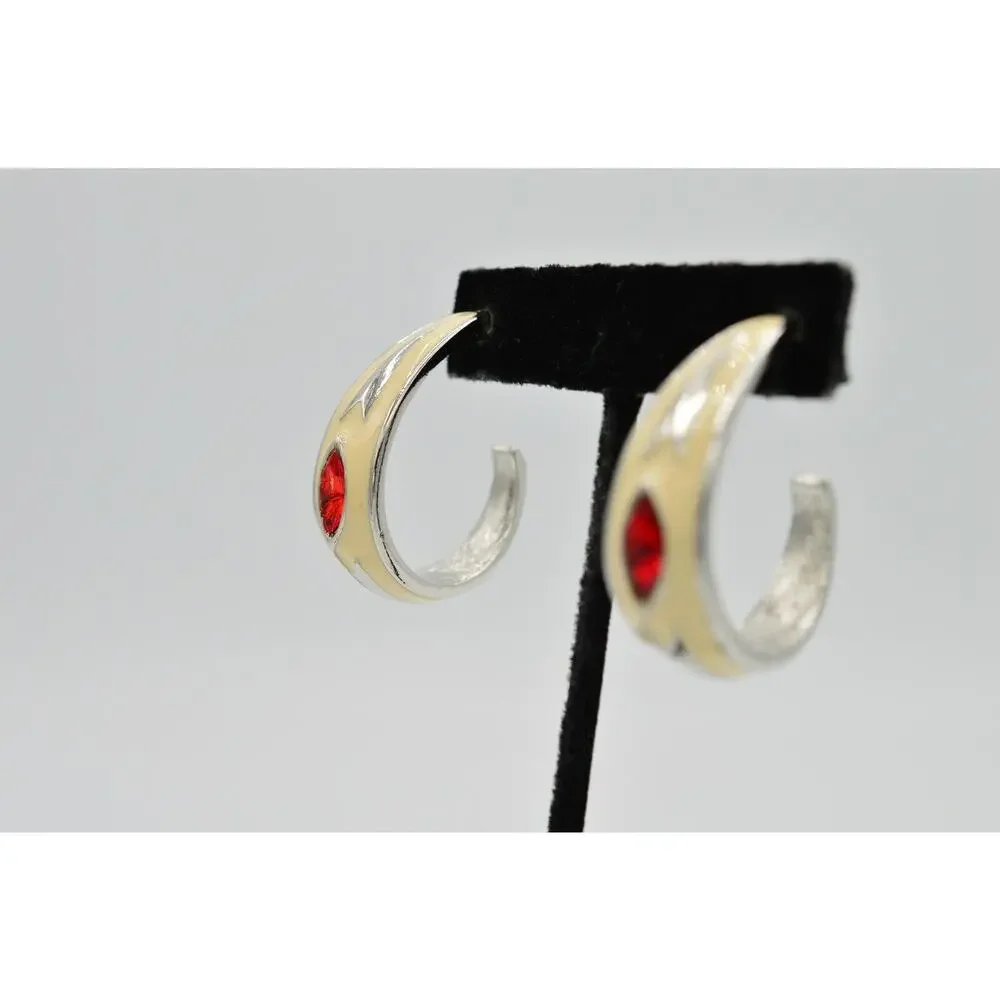 Vintage Red Crystal Earrings Lucite Rhinestone Silver Off White Enamel 1980s 9L